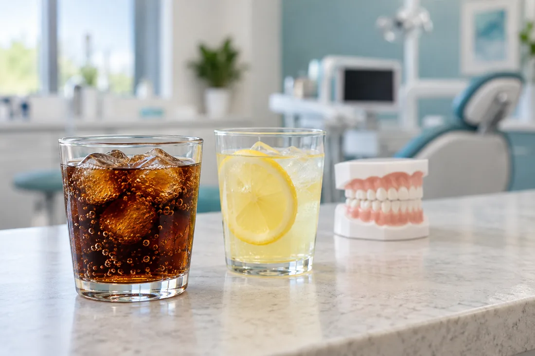 Copos com bebidas ácidas e modelo odontológico sobre bancada de consultório