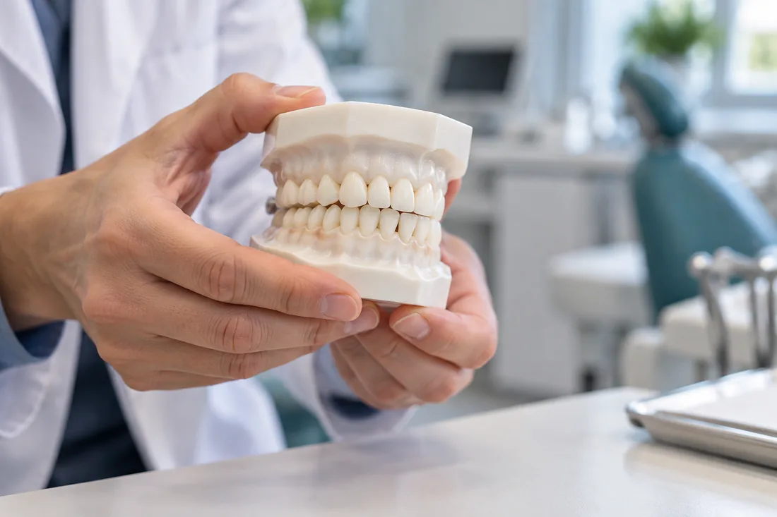 Profissional segura modelo odontológico para explicar o contato entre os dentes