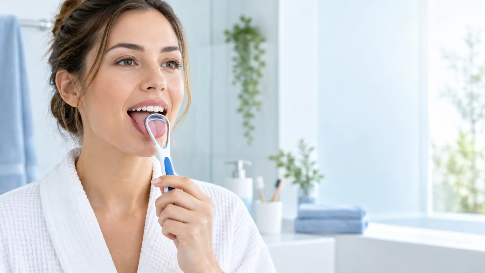 Pessoa utilizando raspador lingual durante a higiene bucal