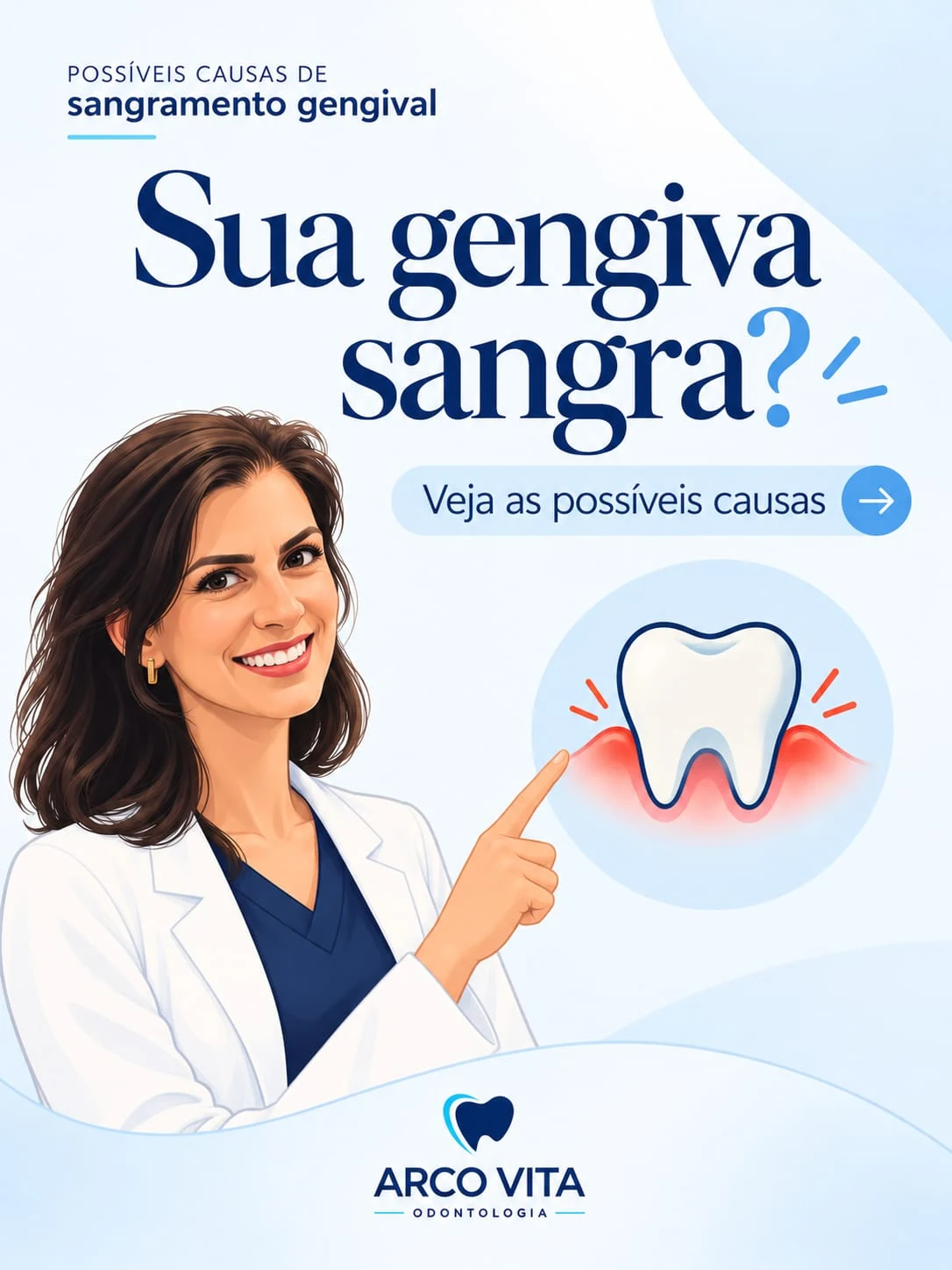 Capa do carrossel “Sua gengiva sangra?”: uma profissional de odontologia ilustrada aponta para um dente com sangramento.