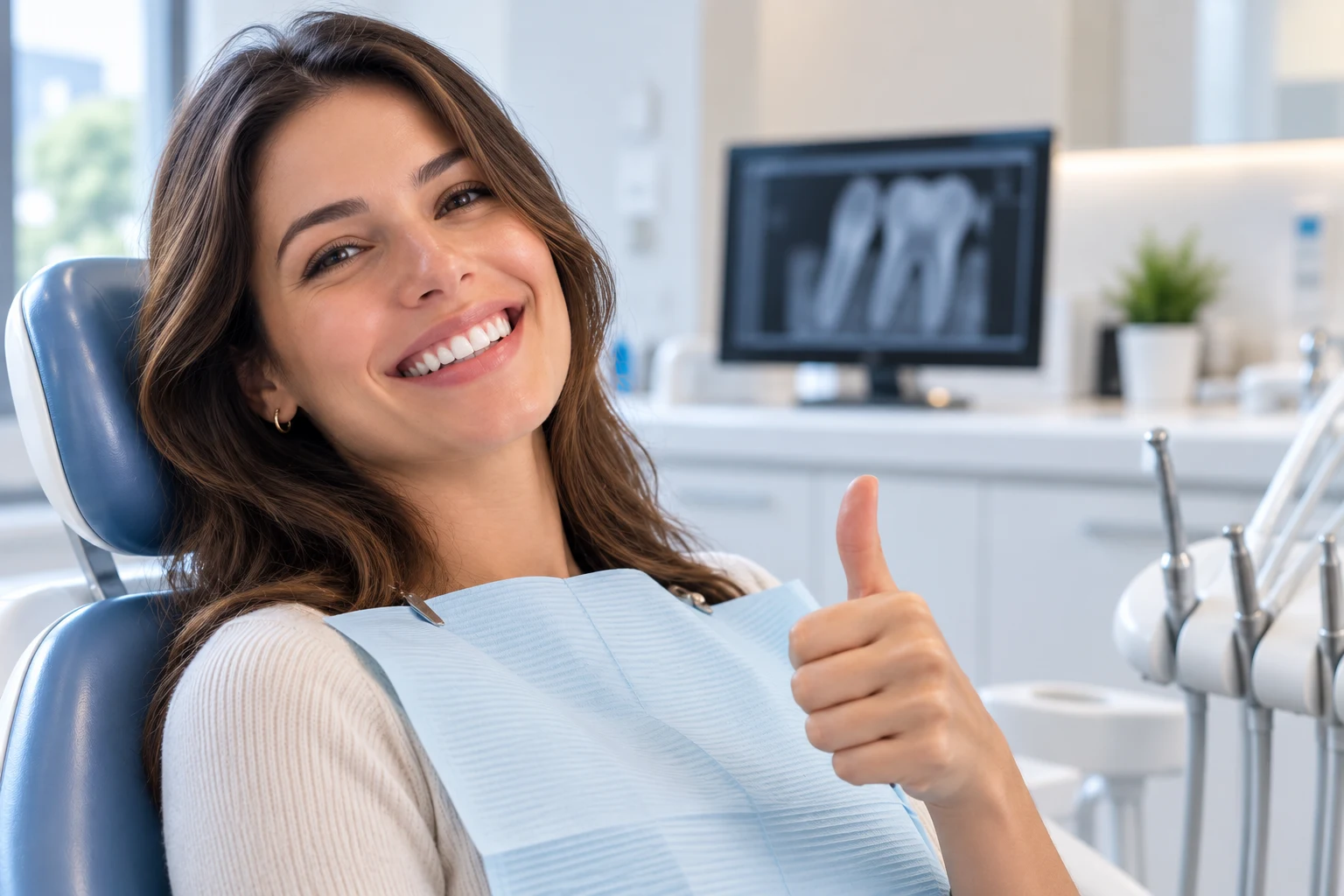 Paciente sorrindo após atendimento odontológico