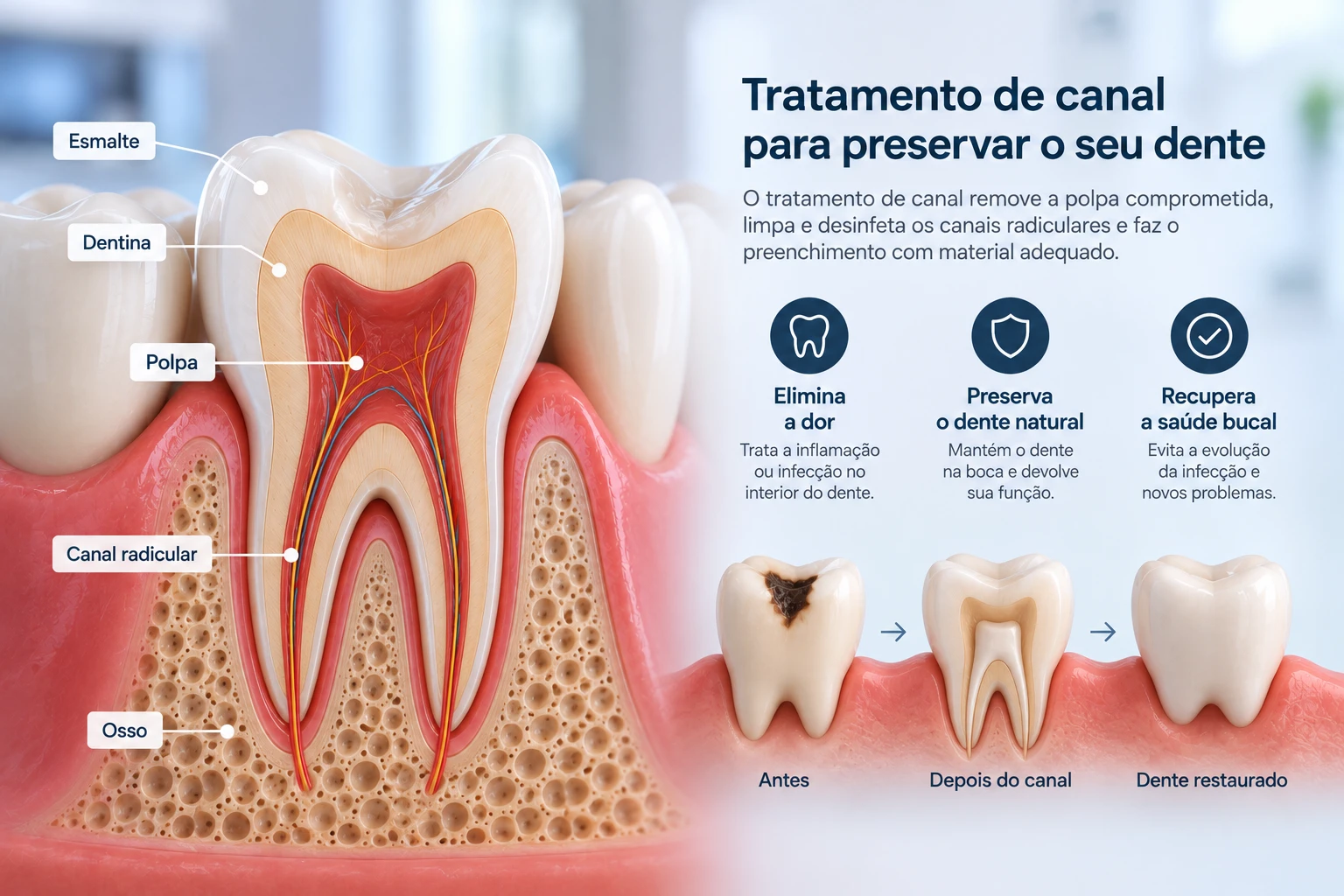 Infográfico sobre tratamento de canal e preservação do dente natural