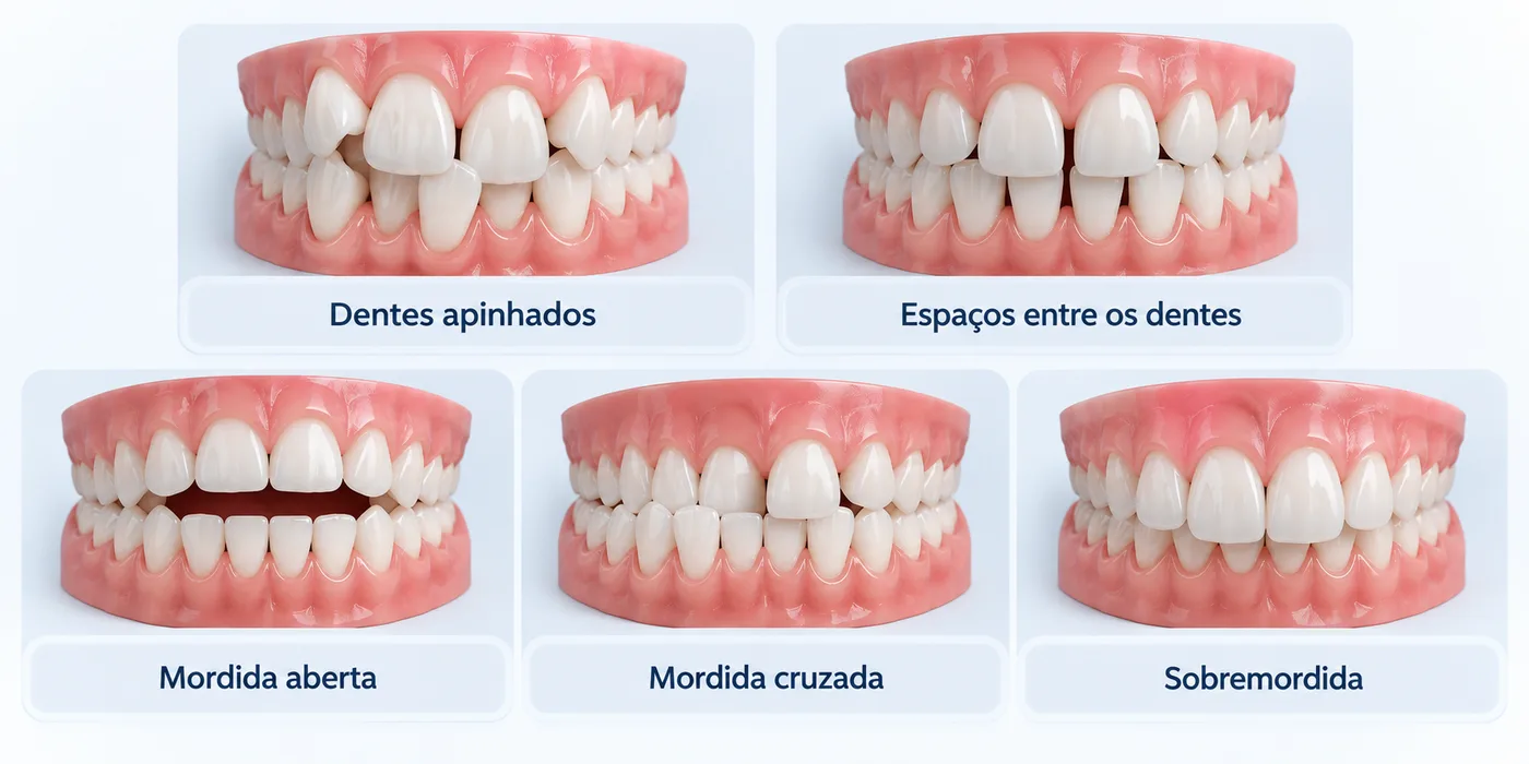 Infográfico sobre apinhamento, espaços entre os dentes, mordida aberta, mordida cruzada e sobremordida