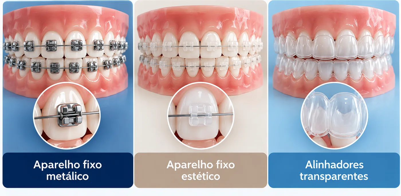 Comparação visual entre aparelho fixo metálico, aparelho estético e alinhadores transparentes