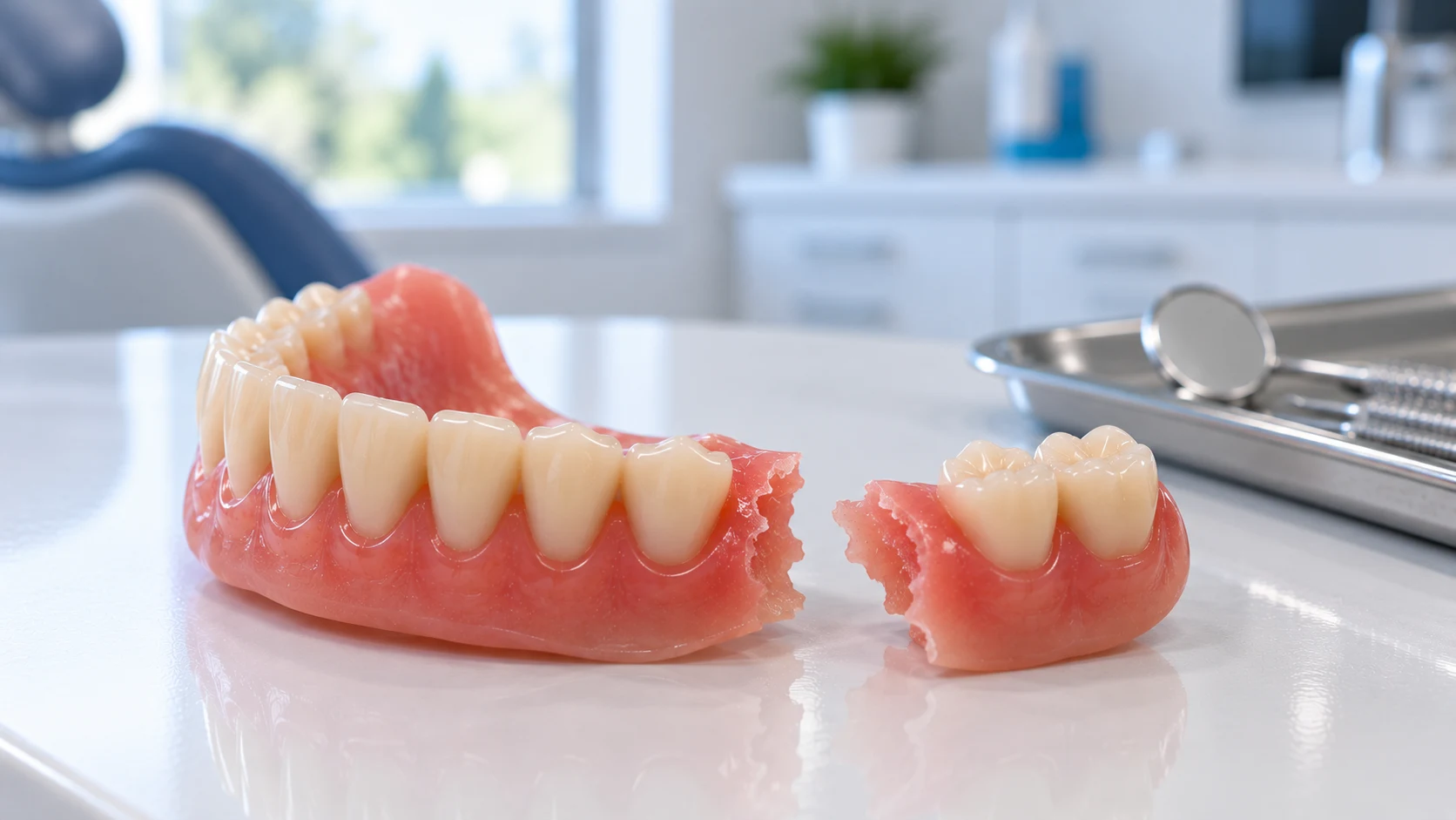 Prótese dentária quebrada com segmento dos molares separado para avaliação e conserto